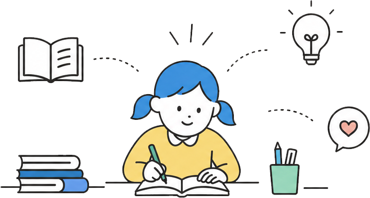 책과 필기구, 전구 아이콘 사이에서 밝게 웃으며 공부하는 아이 일러스트
